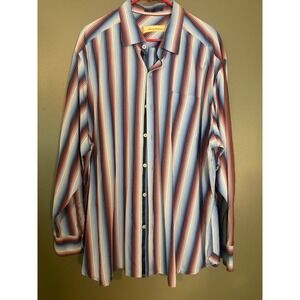 Tommy Bahama Mens XXL Blue Red Striped Cotton Silk Long Sleeve Button Up Shirt